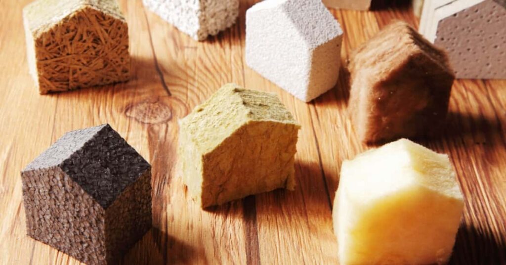 Aperçu de différents matériaux isolants sous forme de petites maisons