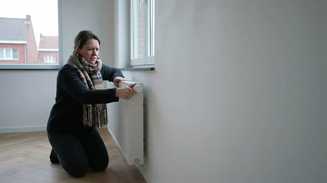 Une femme portant une écharpe à l’intérieur s’agenouille près du radiateur de son salon et tourne la vanne thermostatique au maximum.