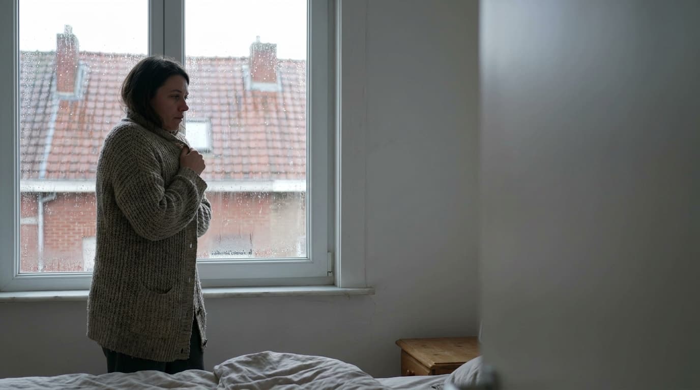 Une femme debout près de la fenêtre de sa chambre serre son gilet contre elle par une matinée froide et grise.
