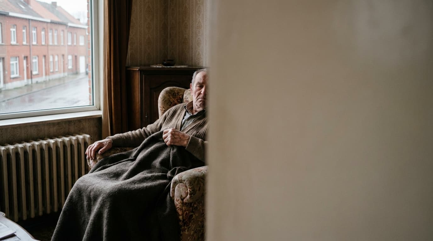 Un homme âgé assis dans un vieux fauteuil remonte un plaid sur ses genoux dans un salon tapissé des années 70.