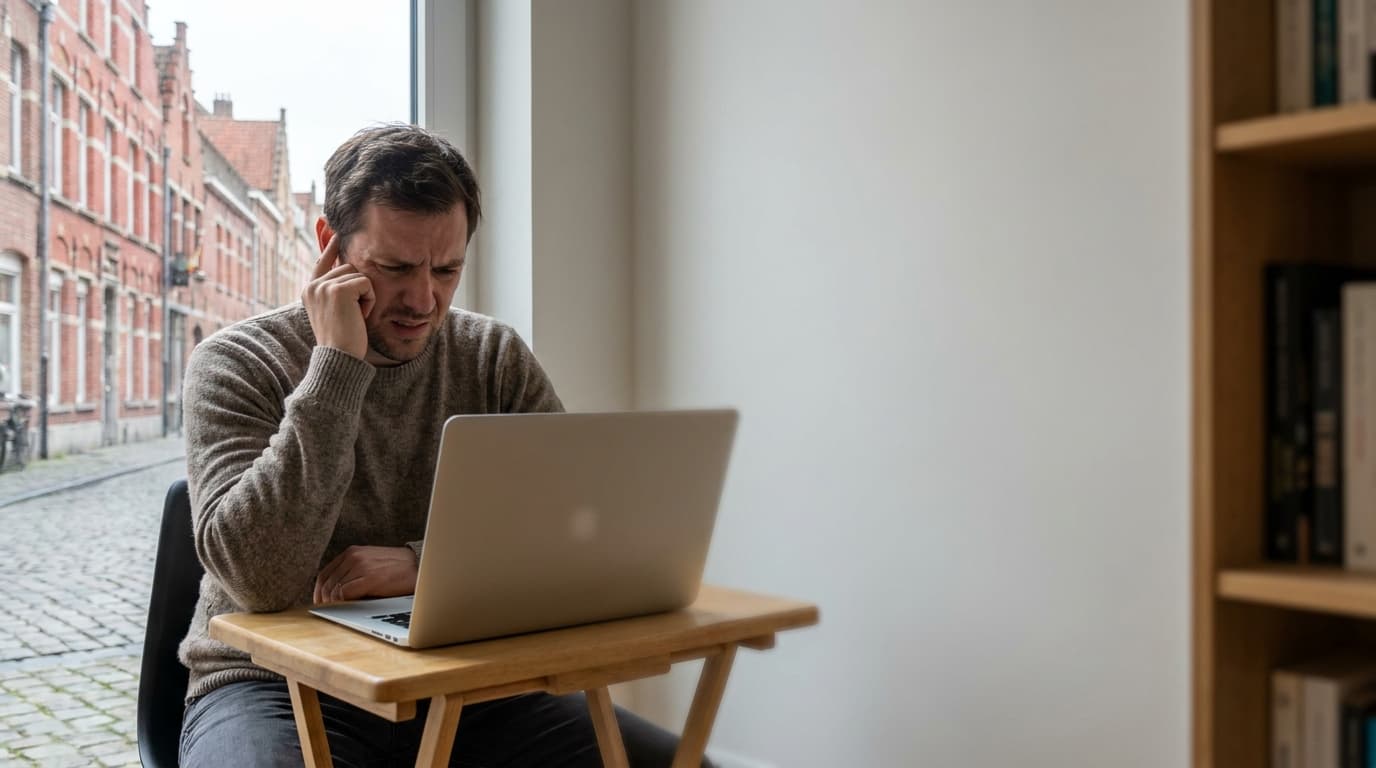 Un homme assis à son bureau devant la fenêtre se plaque la main sur l’oreille pour couvrir le bruit de la rue pavée.